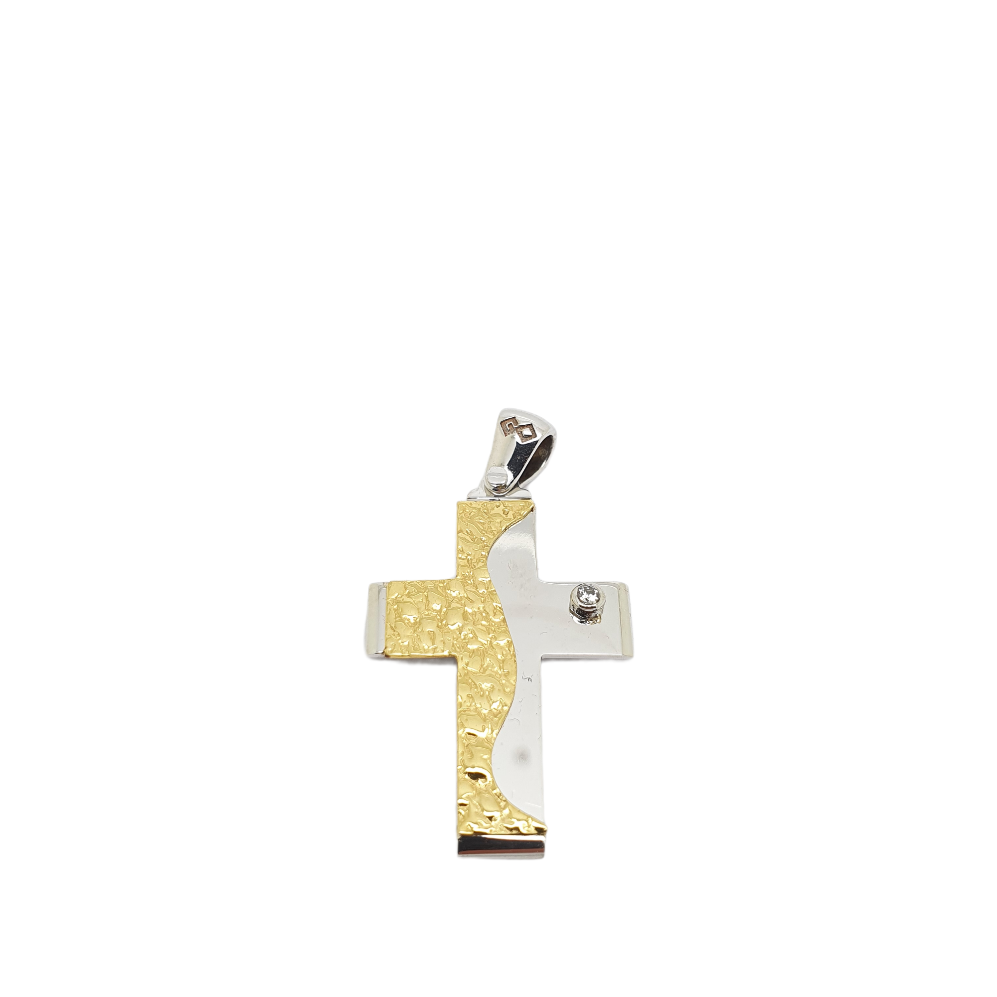 Σταυρός απο  λευκόχρυσο κ14 με ζιργκόν σε καστόνι και χρυσή λεπτομέρια (code 1856)